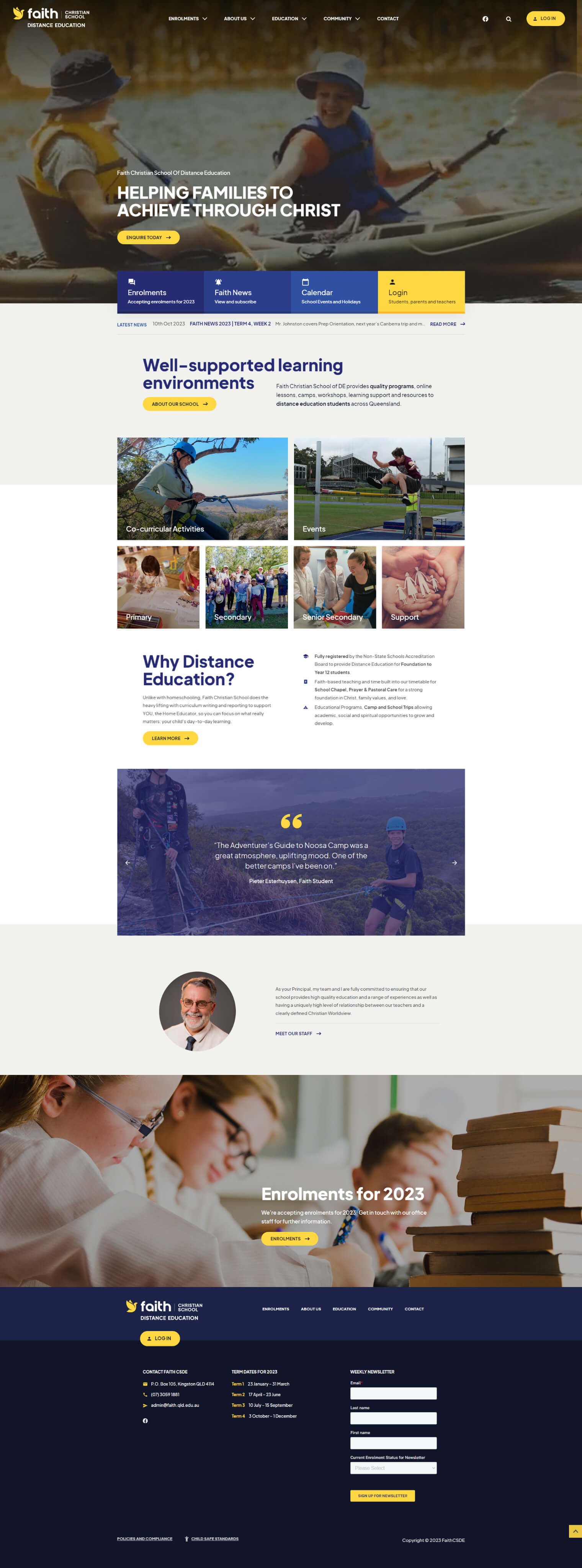 Faith Christian School home page on desktop
