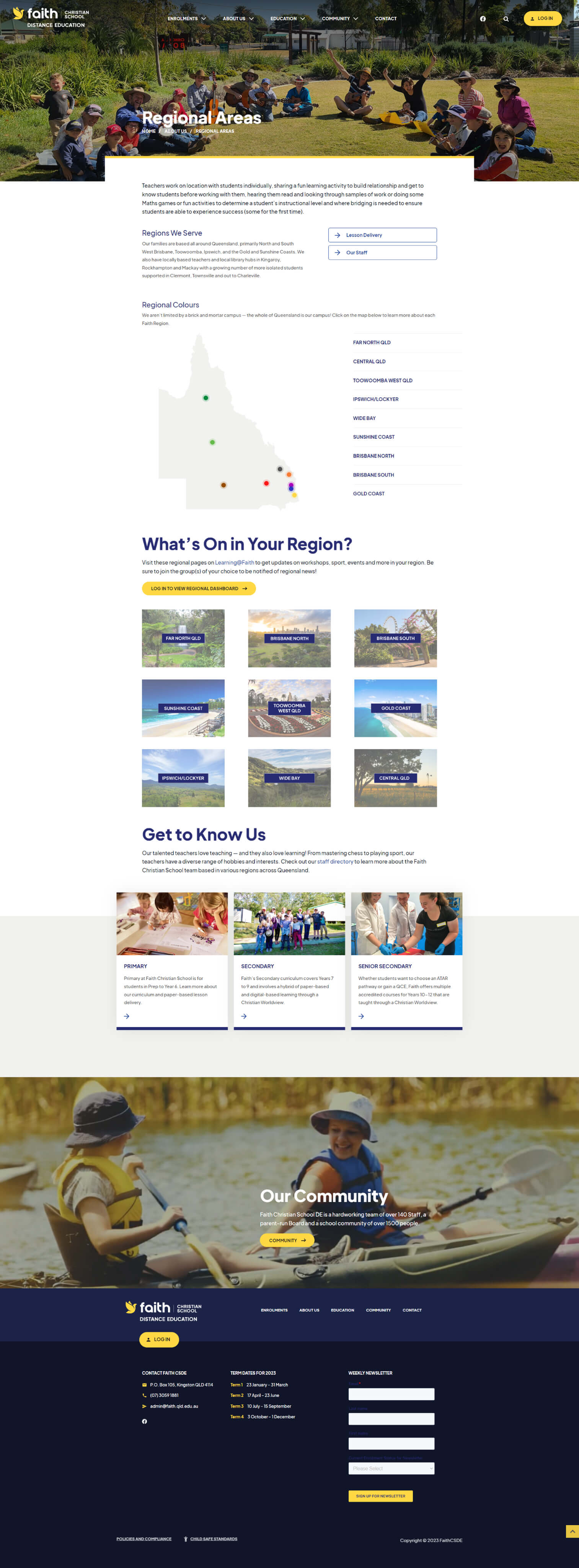 Faith Christian School regional areas page on desktop